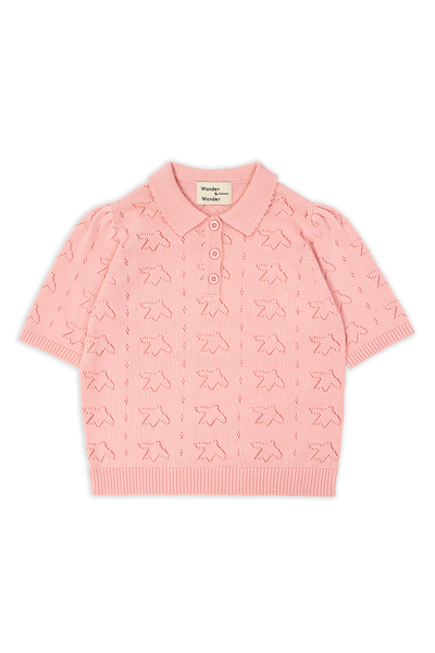 Pointelle Polo Petal van Wander & Wonder in lichtroze met textuur en pofmouwen. | Meisjespolo | Verkrijgbaar bij Little Fashion Addict