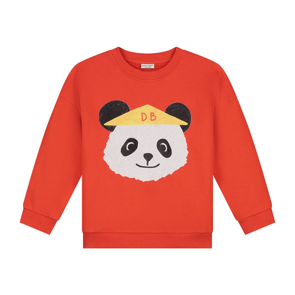 Oranjerode jongenssweater van Daily Brat met panda-print, gemaakt van biologisch katoen, uit de City Notes collectie.