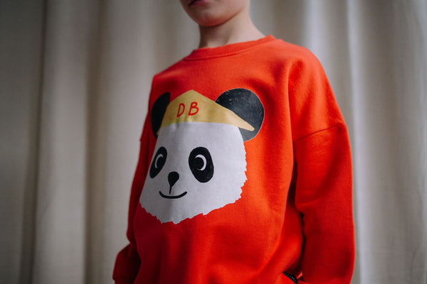 Oranjerode jongenssweater van Daily Brat met panda-print, gemaakt van biologisch katoen, uit de City Notes collectie.