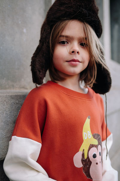 Bruine jongenssweater Funky Kong van Daily Brat met ecrukleurige mouwen en een speelse aap met banaanprint op de voorkant.