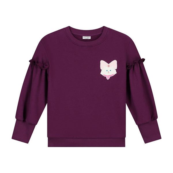 Paarse meisjessweater met kattenpatch en ruffles – Daily Brat | Kitty Kaatje Ruffle Sky Line Sernade | Ontdek Daily Brat bij Little Fashion Addict