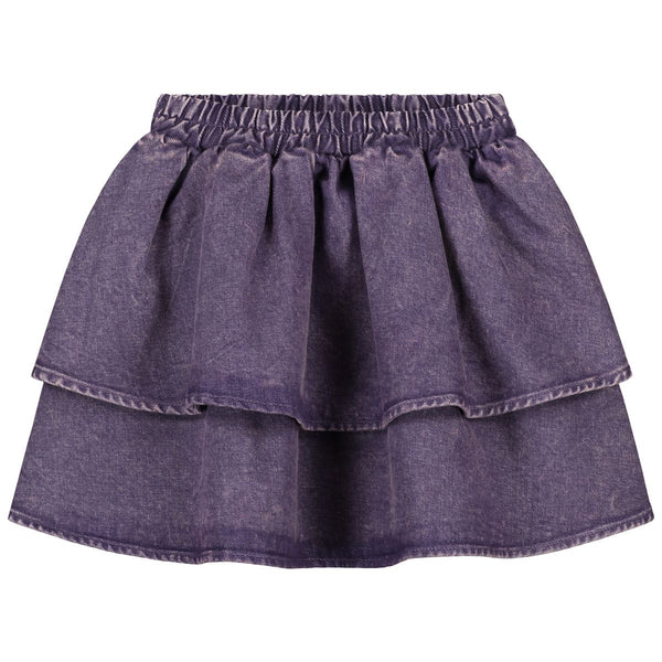 Paars denim rokje Snappy van Daily Brat met dubbele laagjes en elastische tailleband | Ontdek Daily Brat bij Little Fashion Addict