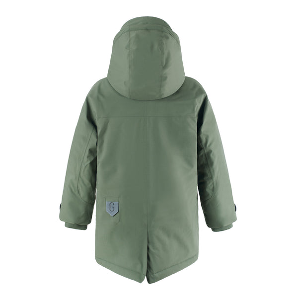 Uniseks Gosoaky 'Sleeping Pigeon' kinderjas in deep lichen green, waterdicht en winddicht. | Ontdek Gosoaky bij Little Fashion Addict