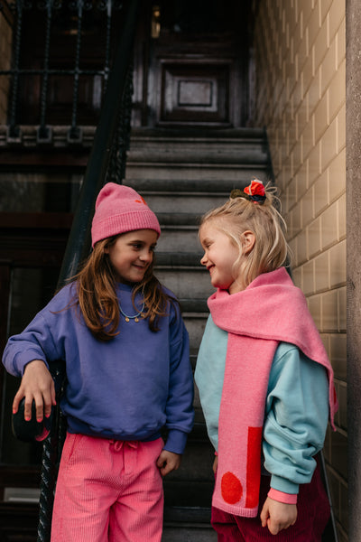 Art Bird Sweater van Jenest - Donkerpaarse sweater met kleurrijke vogelprint op de rug voor meisjes | verkrijgbaar bij Little Fashion Addict