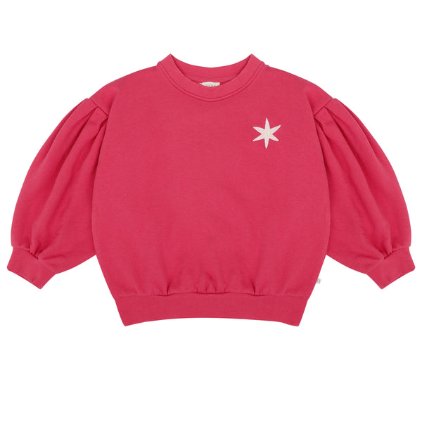 Framboosroze sweater voor meisjes van Jenest met ballonmouwen en sterdetail | verkrijgbaar bij Little Fashion Addict