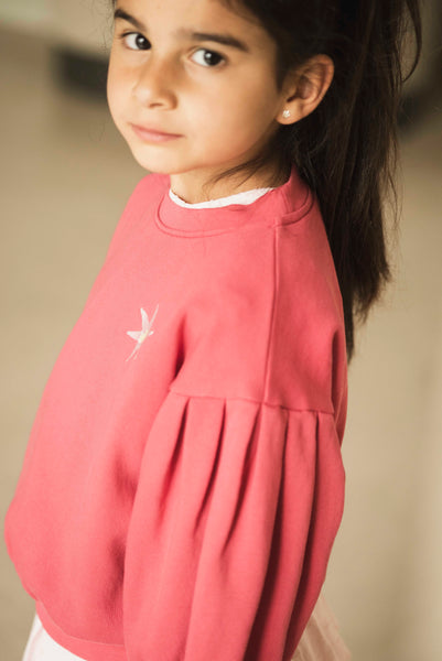 Framboosroze sweater voor meisjes van Jenest met ballonmouwen en sterdetail | verkrijgbaar bij Little Fashion Addict