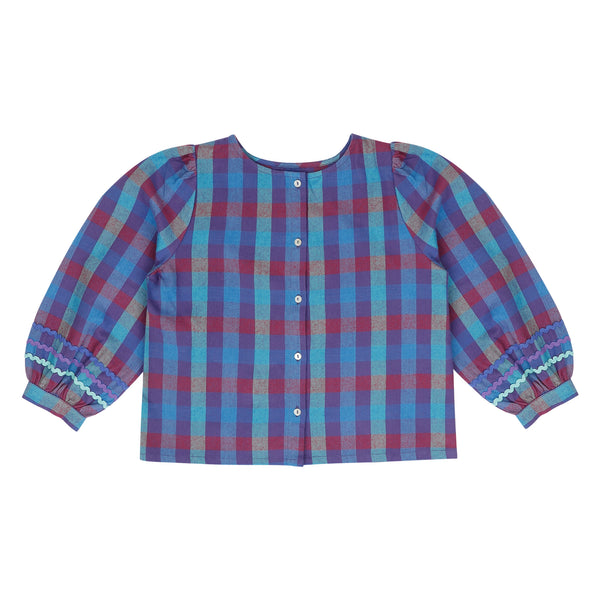 Jolie Blouse van Jenest in paarse multi check – kleurrijke meisjesblouse in zachte flanel met sierbandjes aan de mouwen | Verkrijgbaar bij Little Fashion Addict