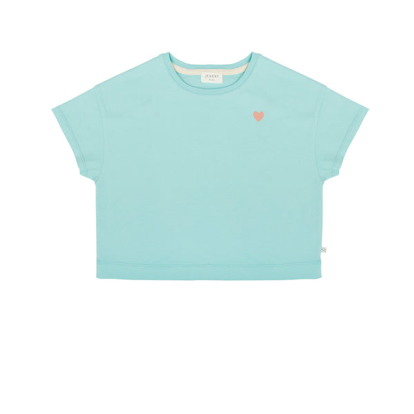 Meisjest-shirt in aqua groen van Jenest met roze LOVE-print op de rug | Livia T-shirt Aqua Green | verkrijgbaar bij Little Fashion Addict