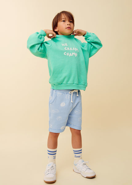 Jongen draagt sweater Ice Cream champ in het groen van Sproet & Sprout uit de Champions League of Fun Collectie - Verkrijgbaar bij Little Fashion Addict
