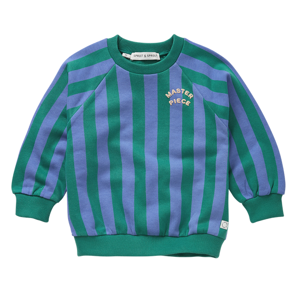 Gestreepte jongenssweater in Deep Green (diepgroen) en Crayon Cloud (zacht lavendelblauw) uit de Club Chaos collectie van Sproet & Sprout.