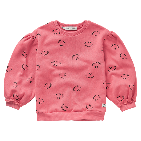 Warmroze meisjessweater met Club Chaos all-over print uit de Club Chaos collectie van Sproet & Sprout.