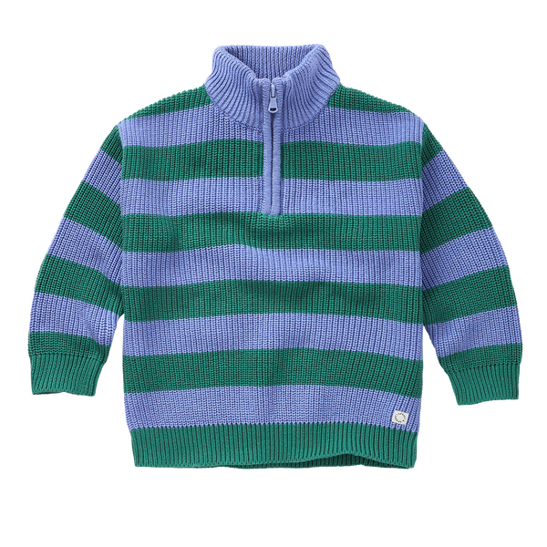 Unisex gestreepte sweater in Deep Green met lila strepen uit de Club Chaos collectie van Sproet & Sprout.