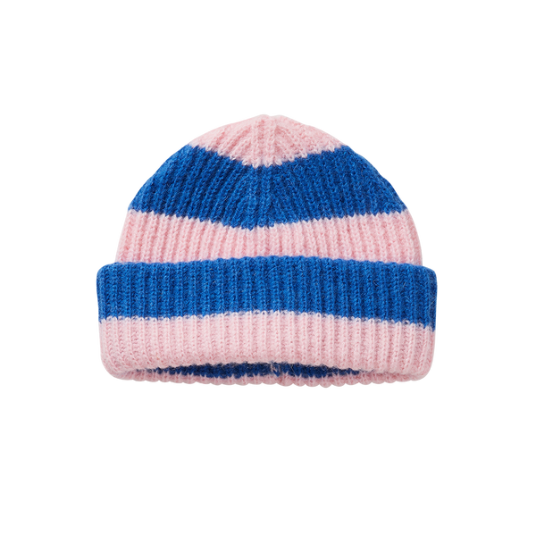 Gestreepte beanie voor meisjes in lichtroze en kobaltblauw uit de Club Chaos collectie van Sproet & Sprout.