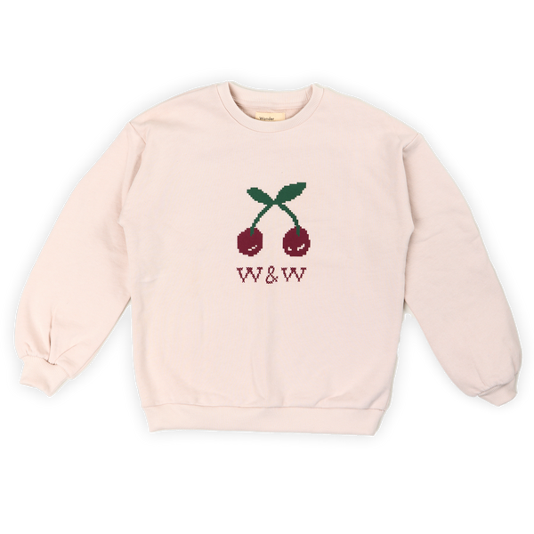 Ecru sweater voor meisjes van Wander & Wonder met kersenprint en W&W logo | Ontdek Wander & Wonder bij Little Fashion Addict
