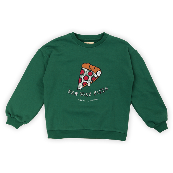 Groene Pizza sweatshirt van Wander & Wonder met vrolijke pizza-print op de borst, unisex voor jongens en meisjes.