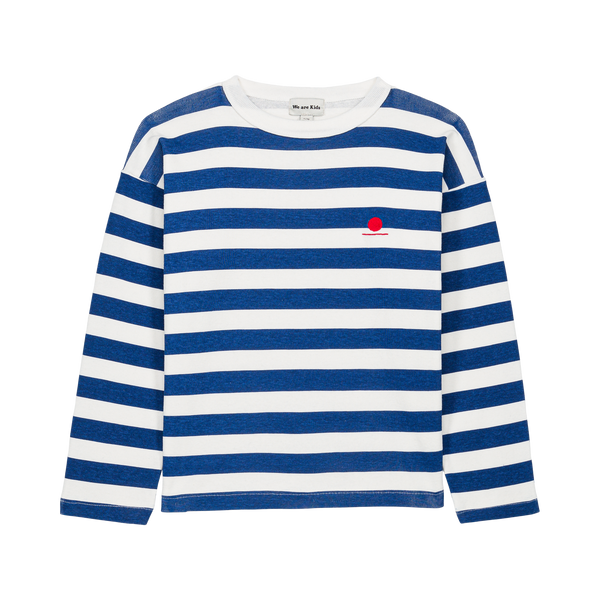 Blauw-wit gestreepte jongenssweater van We Are Kids met rood detail vooraan. | Sweat Tony Blue Stripes van We Are Kids