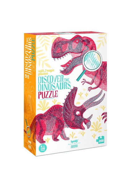 Londji Kinderpuzzel - Puzzel 200 stukken met 2 vergrootglazen - Discover the dinosaurs - Voor kinderen vanaf 6 jaar - Verkrijgbaar bij Littlefashionaddict.com