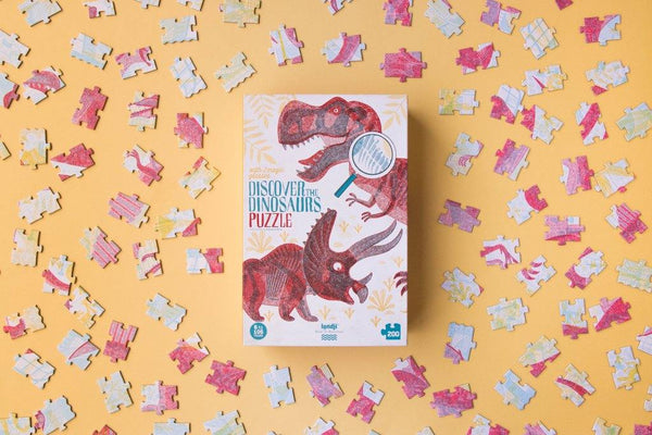 Londji Kinderpuzzel - Puzzel 200 stukken met 2 vergrootglazen - Discover the dinosaurs - Voor kinderen vanaf 6 jaar - Verkrijgbaar bij Littlefashionaddict.com