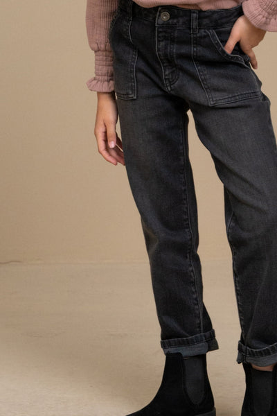 Little Fashion Addict - By-Bar - Girls fashion brand - Zwarte denim broek / Smiley Pant - Van 4 tot 12 jaar beschikbaar bij Little Fashion Addict