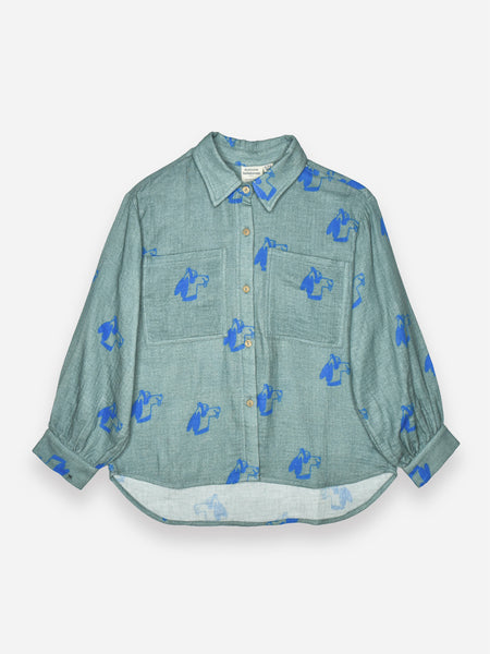 Littlefashionaddict.com - Maison Tadaboum - Jacky Shirt - Meisjesmode - Lichtgroen hemd met allover print van blauwe hond - Beschikbaar vanaf 2 jaar tot en met 8 jaar bij Littlefashionaddict.com