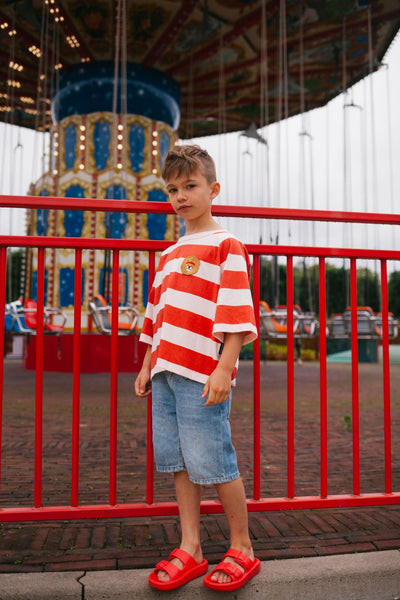 striped t-shirt lenny lion van Daily Brat | Jongens t-shirt met streepjes en leeuwenprint | Verkrijgbaar bij Little Fashion Addict