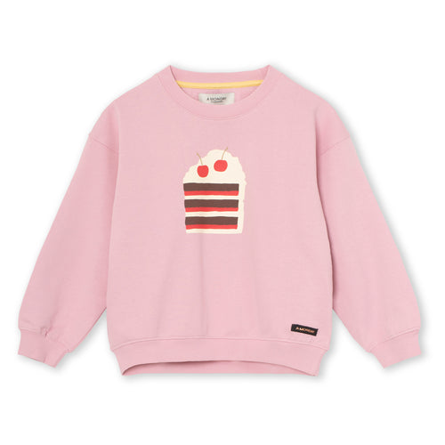 Stijlvolle roze 'Annie Blouse' sweater met taartillustratie voor meisjes van A Monday in Copenhagen | Verkrijgbaar bij Little Fashion Addict