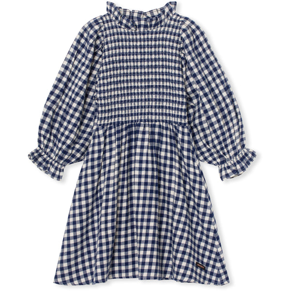 Littlefashionaddict - A Monday in Copenhagen - AW23 - The Food School - Elin Dress - Estate Bleu Check - Zachte jurk met donkerblauw ruitjesmotief - Vanaf 4 tot 12 jaar in stock en verkrijgbaar bij Little Fashion Addict