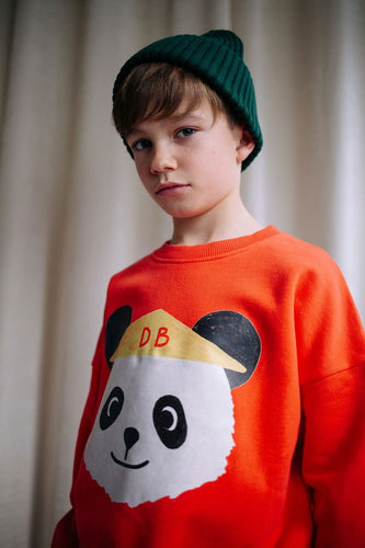 Oranjerode jongenssweater van Daily Brat met panda-print, gemaakt van biologisch katoen, uit de City Notes collectie. 