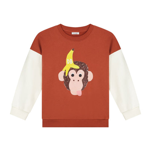 Bruine jongenssweater Funky Kong van Daily Brat met ecrukleurige mouwen en een speelse aap met banaanprint op de voorkant. 