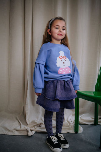 Paars denim rokje Snappy van Daily Brat met dubbele laagjes en elastische tailleband | Ontdek Daily Brat bij Little Fashion Addict