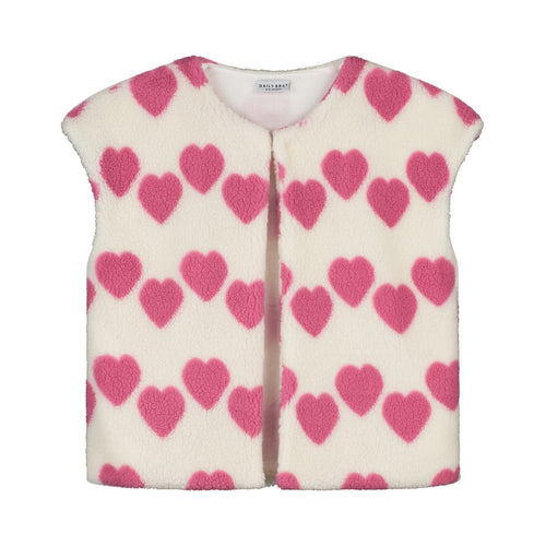 Witte teddy bodywarmer voor meisjes van Daily Brat met roze hartjes, ideaal om te dragen over jurkjes of truien. | Ontdek Daily Brat bij Little Fashion Addict