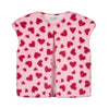Roze teddy bodywarmer voor meisjes van Daily Brat met rode hartjesprint, mouwloos en zacht gevoerd, ideaal om over een jurk of trui te dragen.