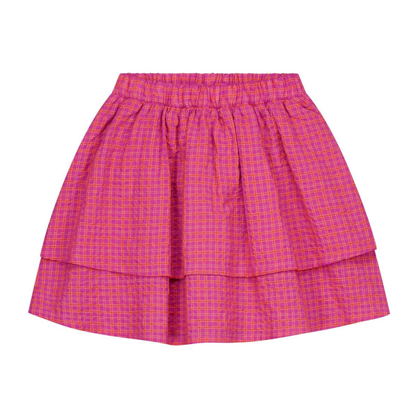 Daily Brat roze rok met ruffles en subtiel ruitpatroon voor meisjes | Knotty skirt Pink van Daily Brat - Verkrijgbaar bij Little Fashion Addict