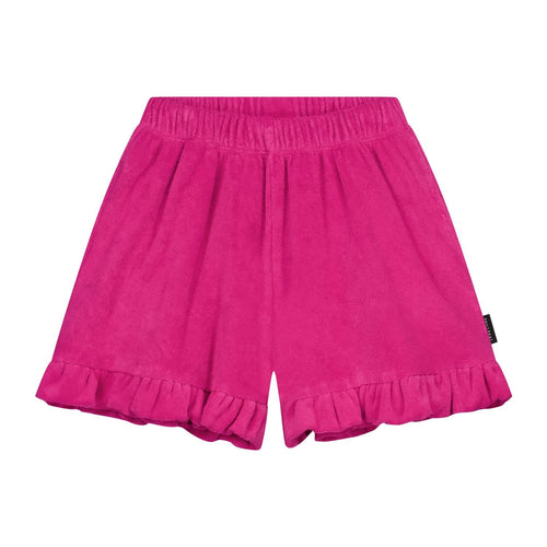 Daily Brat fuchsia badstof short met ruffles voor meisjes | Daily Brat Lalaloveletter short smoothie - Verkrijgbaar bij Little Fashion Addict