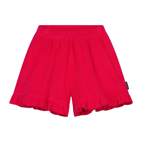 Daily Brat framboosroze short in badstof ruffle zoom en elastische taille | Sally Shorts Love Potion - Verkrijgbaar bij Little Fashion Addict