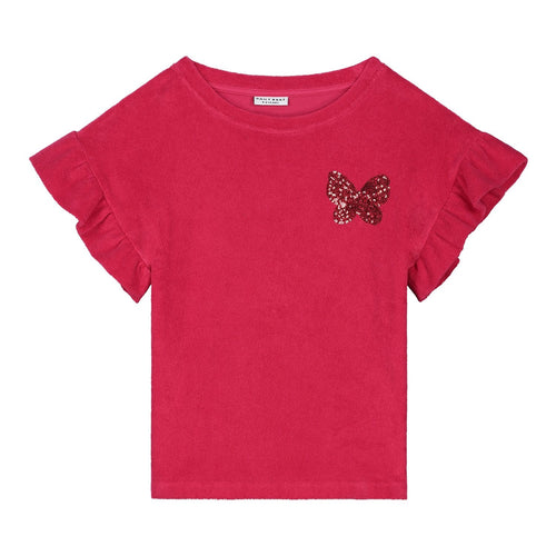 Daily Brat meisjes t-shirt in framboosroze met pailletten vlinder vooraan | Sally Butterfly Top Love Potion - Verkrijgbaar bij Little Fashion Addict