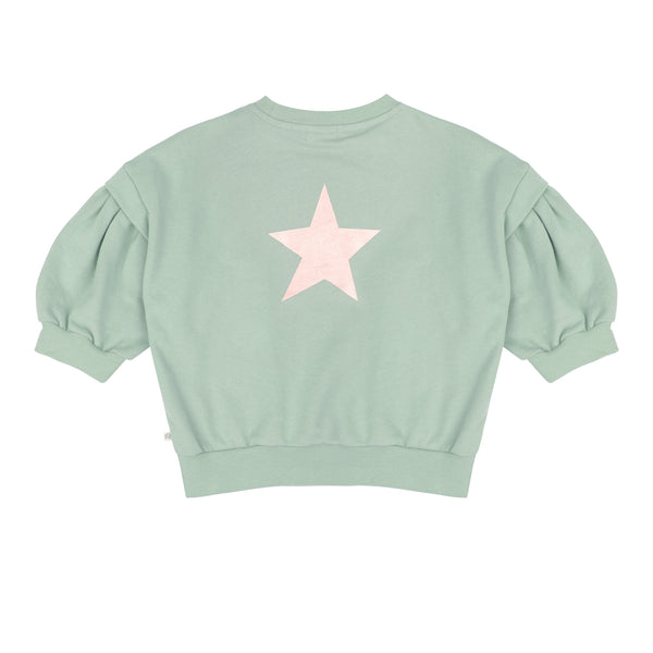 Ballon Sweater Sage Green van Jenest - Lichtgroene balloon meisjessweater | Ontdek Jenest bij Little Fashion Addict