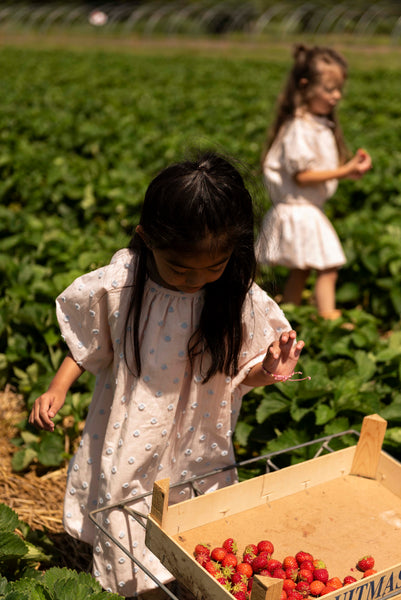 Poederroze Bella Balloon Dress van Jenest met lichtblauwe structuurdetails | Bella Balloon Dress Blossom Rose van Jenest - Verkrijgbaar bij Little Fashion Addict