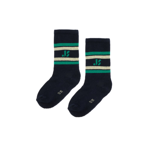 Donkerblauwe Jenest sportsokken met groene en beige strepen en logo – unisex sokken met comfortabele pasvorm | Verkrijgbaar bij Little Fashion Addict