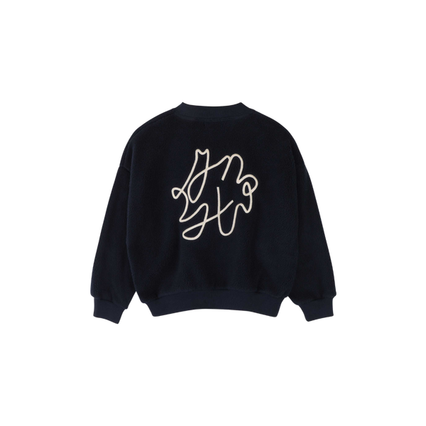 Jenest Jimmy Cardigan Navy Blue – donkerblauwe teddy cardigan met grote ecru borduring op de rug | Verkrijgbaar bij Little Fashion Addict