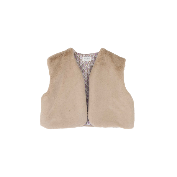 Jenest Lily Fur Gilet Caramel Brown – zacht faux fur gilet voor meisjes met bedrukte voering | Verkrijgbaar bij Little Fashion Addict