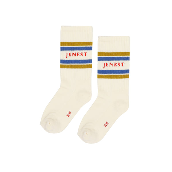 Sport Socks Off White van Jenest – zachte sportkousen met blauwe en goudkleurige strepen en JENEST logo | Little Fashion Addict