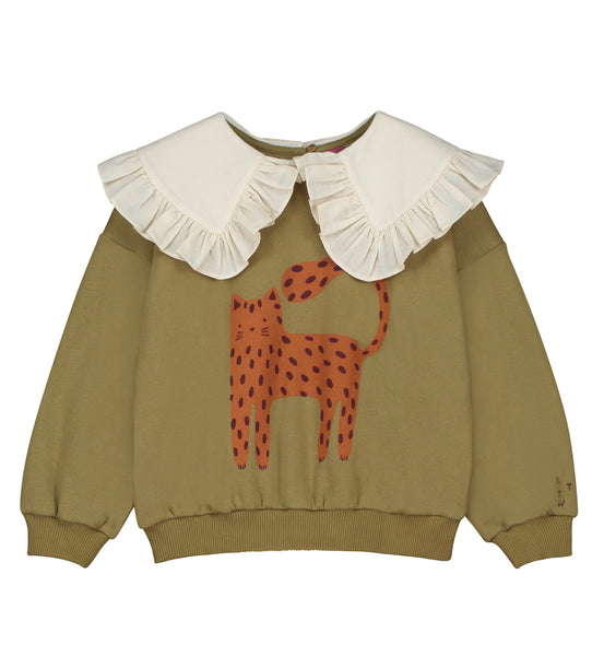 Littlefashionaddict - Letter To The World - Fur Therapy - AW23 - Gigi Sweatshirt - Olijfgroene Sweater met tekening van kat voor meisjes - Beschikbaar vanaf 4 tot 11 jaar bij Littlefashionaddict.com