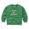 Donkergroene sweater met raglanmouwen en 'Chef du Burger' opdruk voor jongens uit Venice Beach Baby collectie van Sproet & Sprout. Verkrijgbaar bij Little Fashion Addict