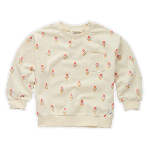 Crèmekleurige sweater voor meisjes met ijsjesprint uit de Venice Beach Baby collectie van Sproet & Sprout. Verkrijgbaar vanaf 4 tot 10 jaar bij Little Fashion Addict