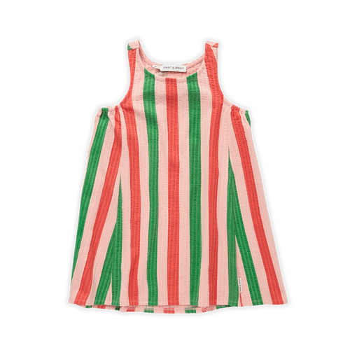 Losse jurk met koraal en donkergroene verticale strpene uit de Venice Beach Baby collectie van Sproet & Sprout. Verkrijgbaar bij Little Fashion Addict