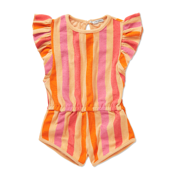 Badstof jumpsuit voor meisjes in Nectarine met ruffles van Sproet & Sprout | Verkrijgbaar bij Little Fashion Addict