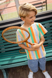 Jongens t-shirt met verticale strepen in zand, groen, oranje en blauw van Sproet & Sprout | Uit de Champions League of Fun van Sproet & Sprout