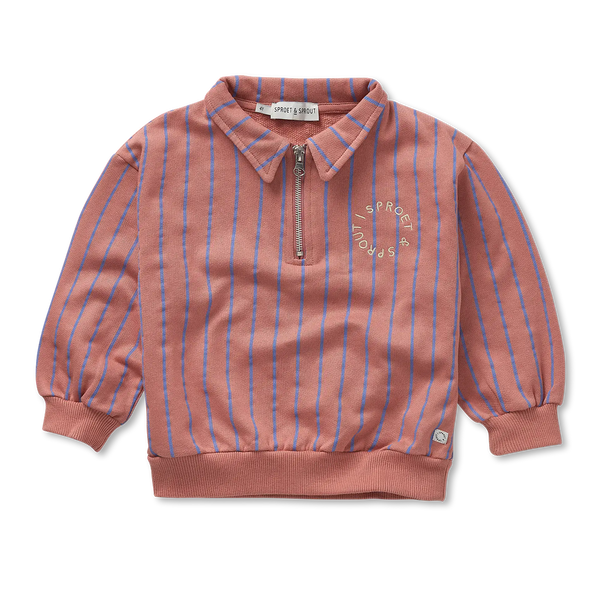 Jongens sweater met halve rits en kraag in rose dawn met strepen van Sproet & Sprout | Uit de Champions League of Fun Collectie