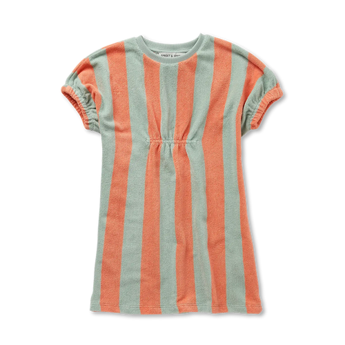 Gestreept loose dress kleedje in muntgroen en koraal van Sproet & Sprout in zachte terry stof | Uit de Champions League of Fun collectie - verkrijgbaar bij Little Fashion Addict